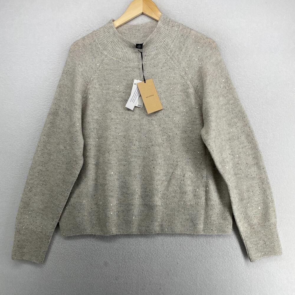 HALOGEN Sweater L Top Sequin Sparkle Pullover Long Sleeve Stretch Gray NEW